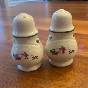Pfaltzgraff Christmas White Green Salt & Pepper Shaker Set Santa on his sleigh